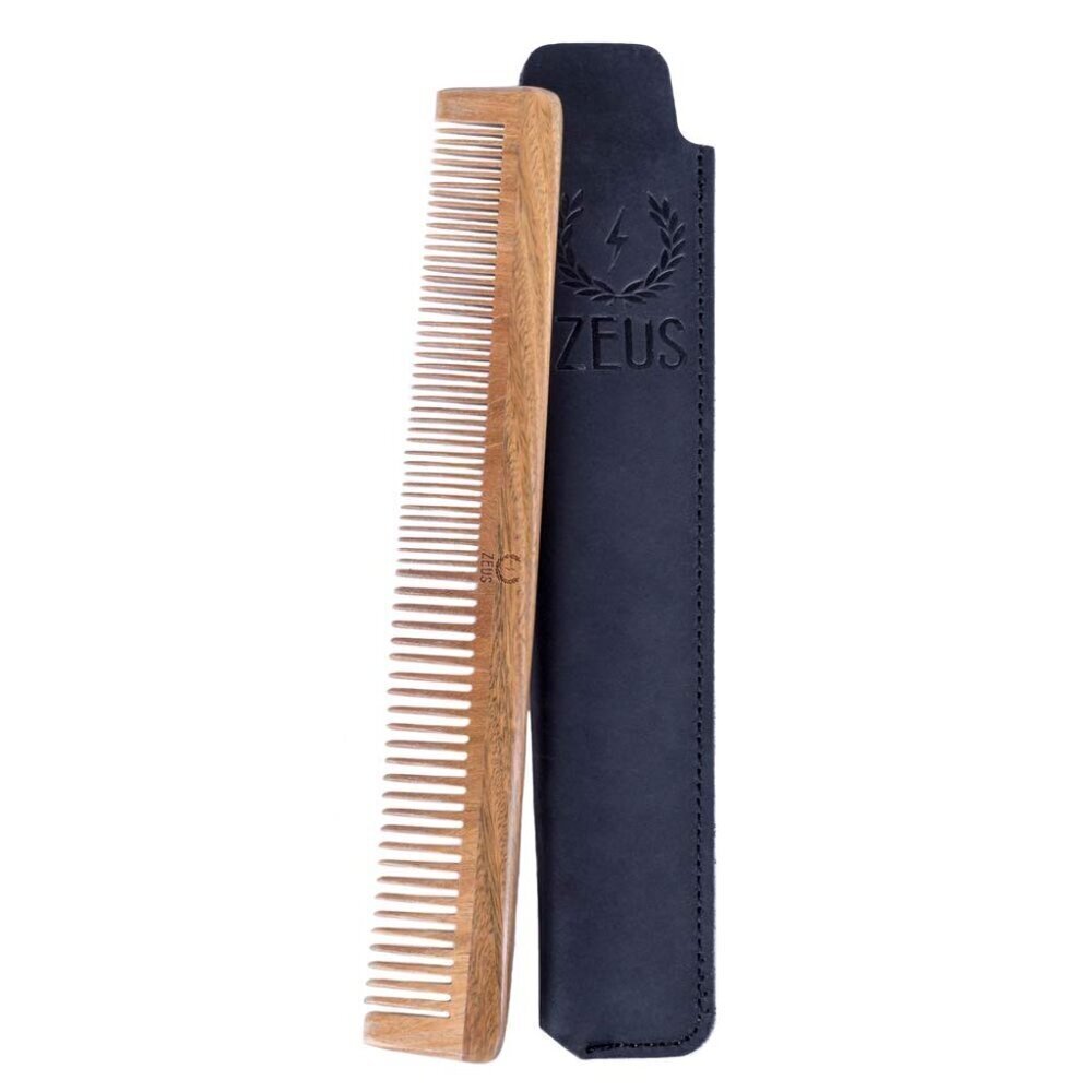 Sandalwood Beard & Mustache Comb with Leather Case, Long Handmade Saw-Cut & Anti